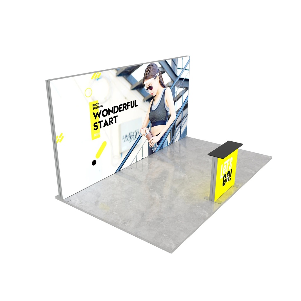 Stand d'exposition LED LUNIX™ 5×3 m en péninsule – vue 1