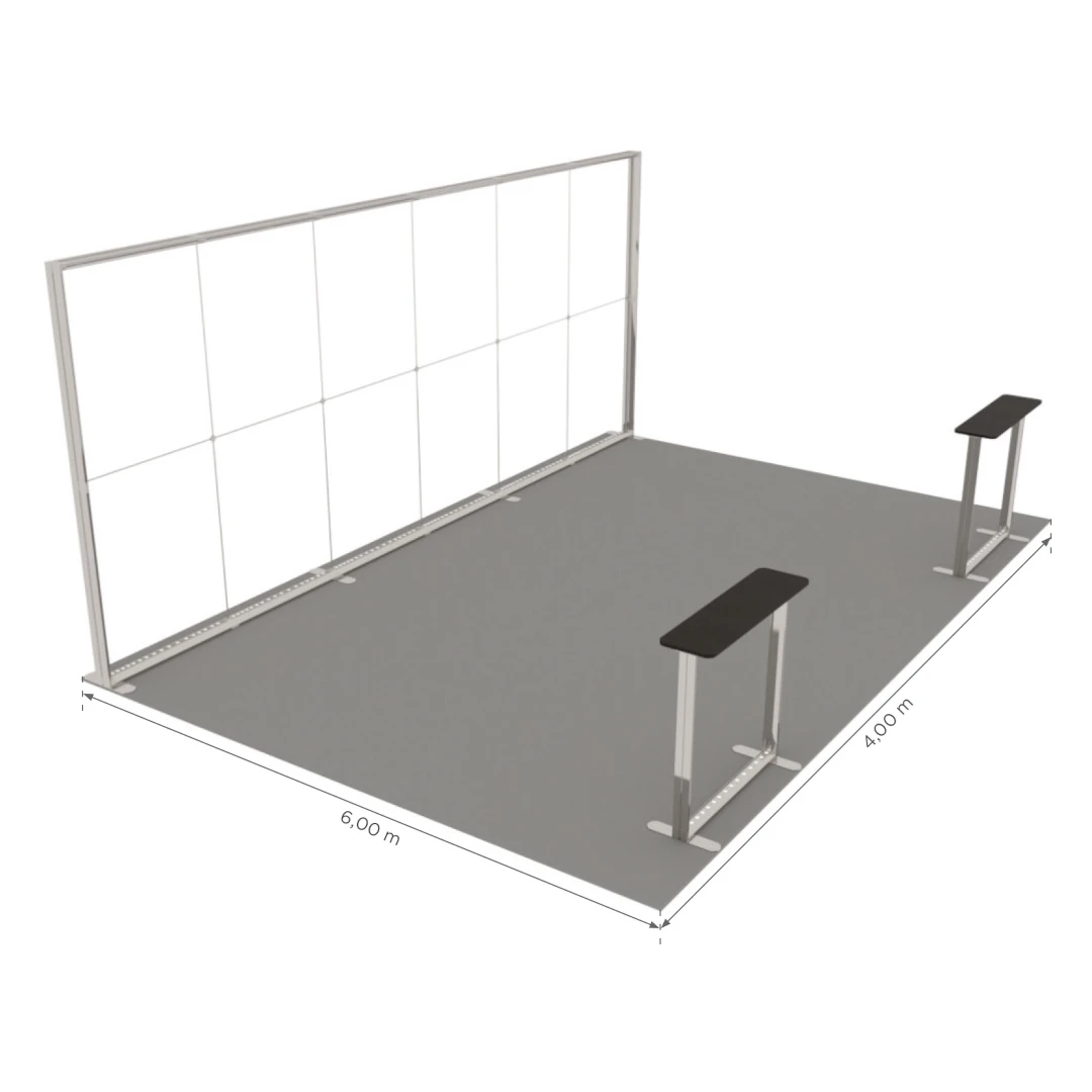 Stand d'exposition LED LUNIX™ 6×4 m péninsule avec 2 comptoirs – vue 6